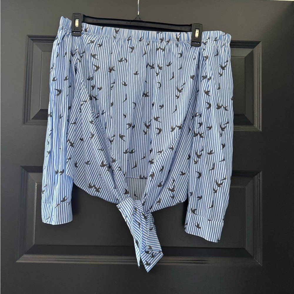 Express petite Blue Striped Off-Shoulder Blouse with Bird Print
